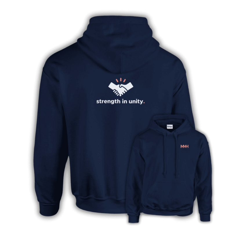 Navy hoodie featuring a handshake icon and the phrase “strength in unity.” on the back, with the MMH logo on the front in matching colour.