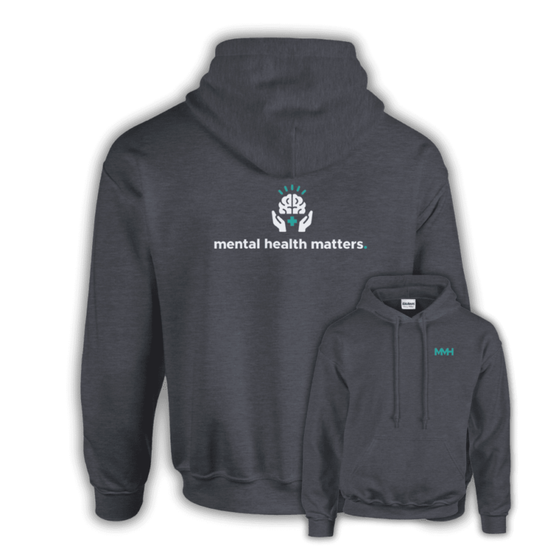 Dark heather grey hoodie with the words “mental health matters.” under a brain and hands icon. Front includes teal MMH branding.