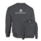 Dark grey sweatshirt with brain and hands icon and the words “mental health matters.” printed on the back. MMH logo appears on the front chest.