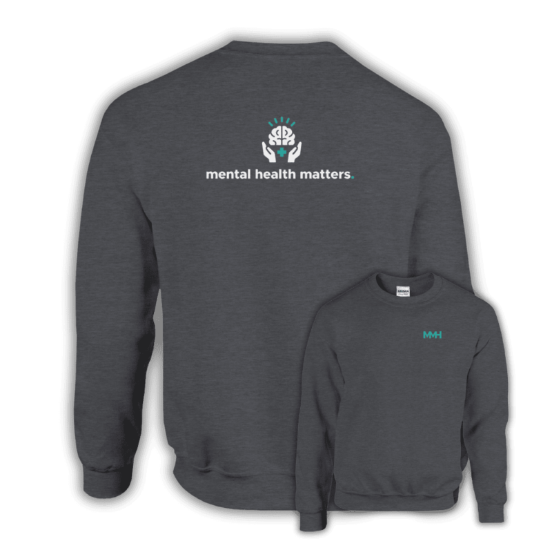 Dark grey sweatshirt with brain and hands icon and the words “mental health matters.” printed on the back. MMH logo appears on the front chest.
