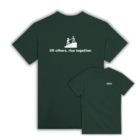 Forest green t-shirt with a back design showing one person helping another up stairs and the phrase “lift others, rise together.” Front logo includes MMH branding.