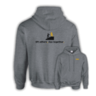 Light grey hoodie featuring two figures helping each other and the phrase “lift others, rise together.” on the back, with yellow MMH logo on the front.