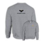 Light grey sweatshirt featuring a handshake icon and the message “strength in unity.” on the back, with yellow MMH branding on the front.