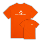 Bold orange t-shirt with a symbolic brain and hands icon above the words “mental health matters.” on the back. MMH logo displayed on the front chest.