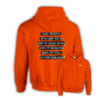 Vibrant orange hoodie with motivational back print listing six rules: Trust Yourself, Break Some Rules, Don’t Be Afraid to Fail, Avoid the Naysayers, Work Like Hell, Give Something Back. MMH logo appears on the front in yellow.